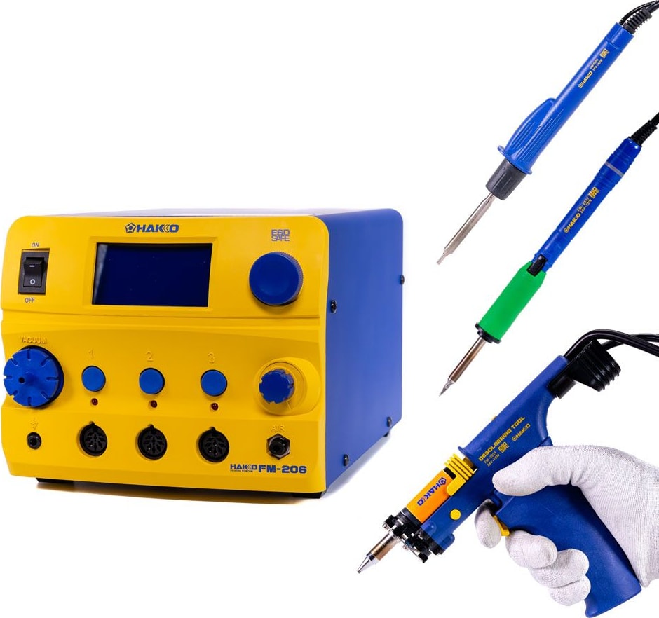 Hakko FM206-DSA 3-Port Rework Station, w/ FM-2024 Desoldering Gun, FM-2029 Hot Air Pencil, FM-2027