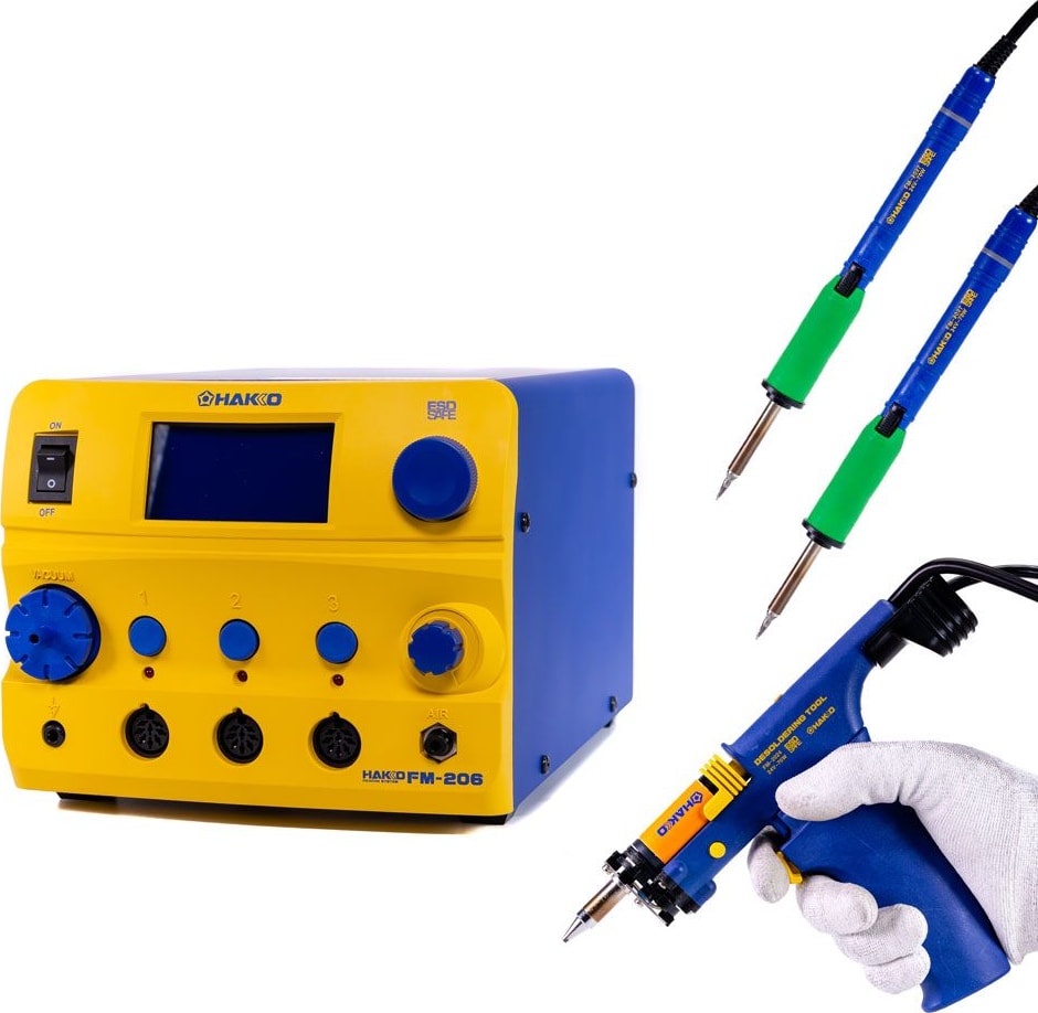 Hakko FM206-DSS 3-Port Rework Station, with FM-2024 Desoldering Tool, FM-2027 Soldering Iron (x2)