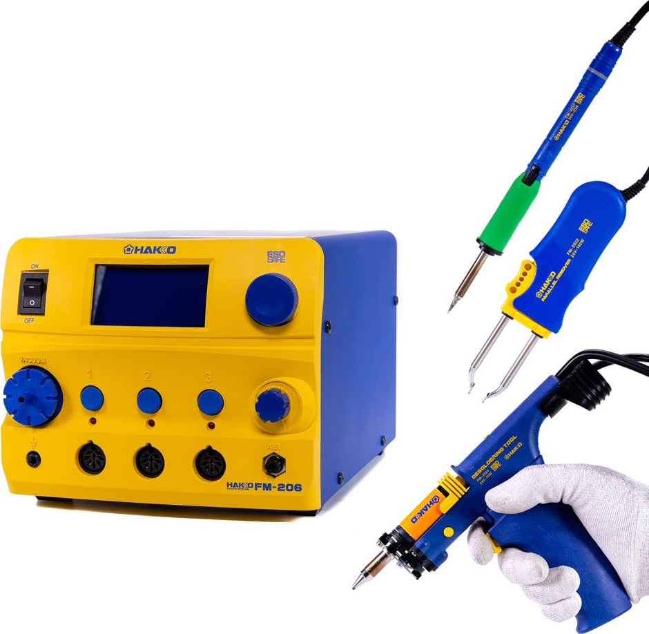 Hakko FM206-DTS 3-Port Rework Station, with FM-2024 Desoldering Gun, FM-2022 Tweezer, FM-2027 Iron