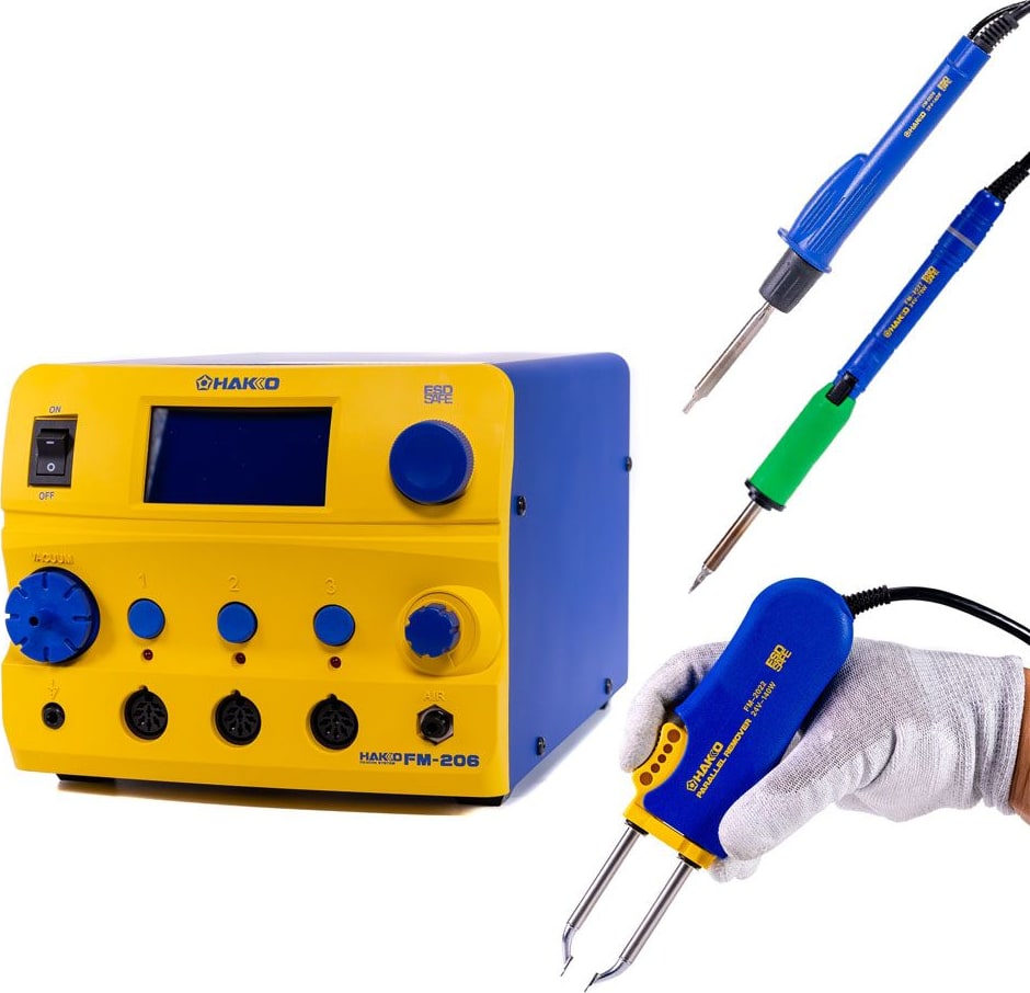 Hakko FM206-STA 3-Port Rework Station, with FM-2027 Iron, FM-2022 Tweezer, FM-2029 Hot Air Pencil