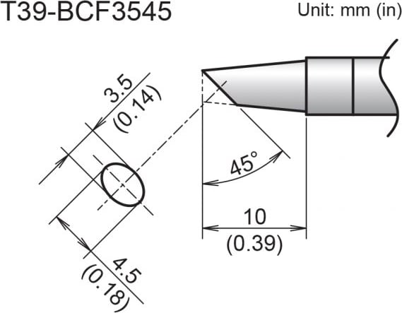 Hakko T39-BCF3545 - Bevel Tip, 3.5mm/45 Degrees x 10mm, Tinned Face Only