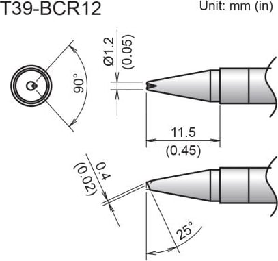 Hakko T39-BCR12 - Bevel Tip with V-Groove, 1.2mm/25 Degrees x 11.5mm
