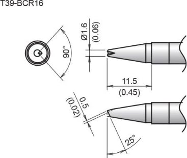 Hakko T39-BCR16 - Bevel Tip with V-Groove,, 1.6mm/25 Degrees x 11.5mm