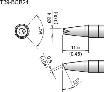Hakko T39-BCR24 - Bevel Tip with V-Groove, 2.4mm/25 Degrees x 11.5mm