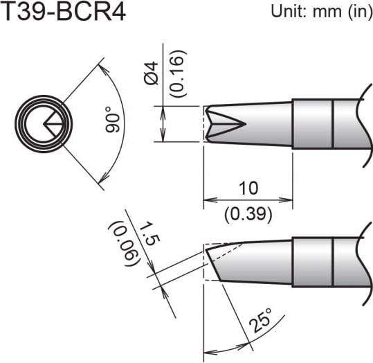 Hakko T39-BCR4 - Bevel Tip with V-Groove, 4mm/25 Degrees x 10mm
