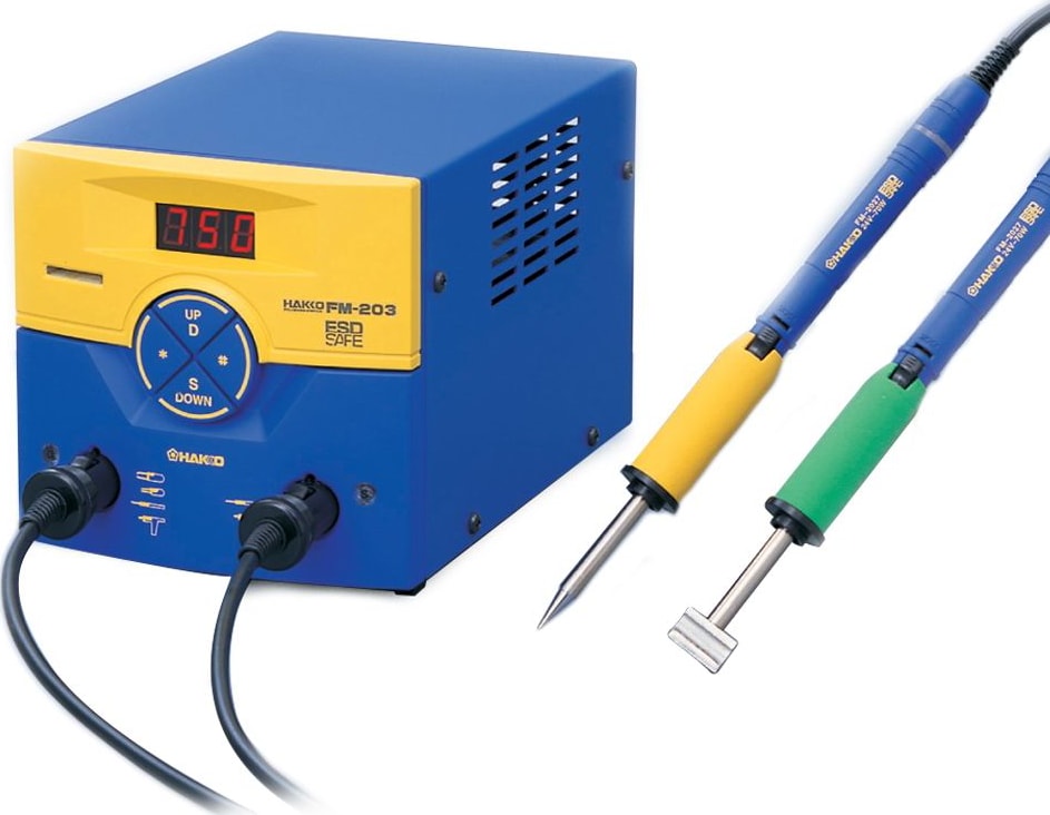 Hakko FM203-DP - Package with Station, Two FM-2027 Irons and T15-B2/T15-D08 Tips, Blue/Orange Sleeves