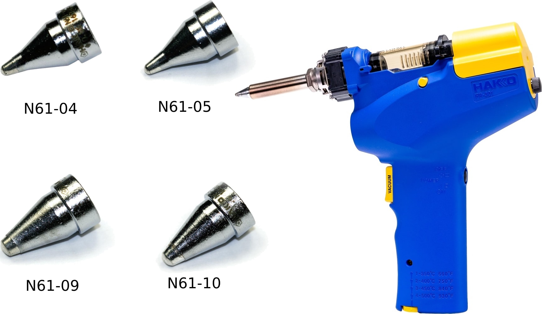 Hakko FR-301 - Portable Desoldering Tool with Four Extra Nozzles (N61-04, 05, 09 and 10)