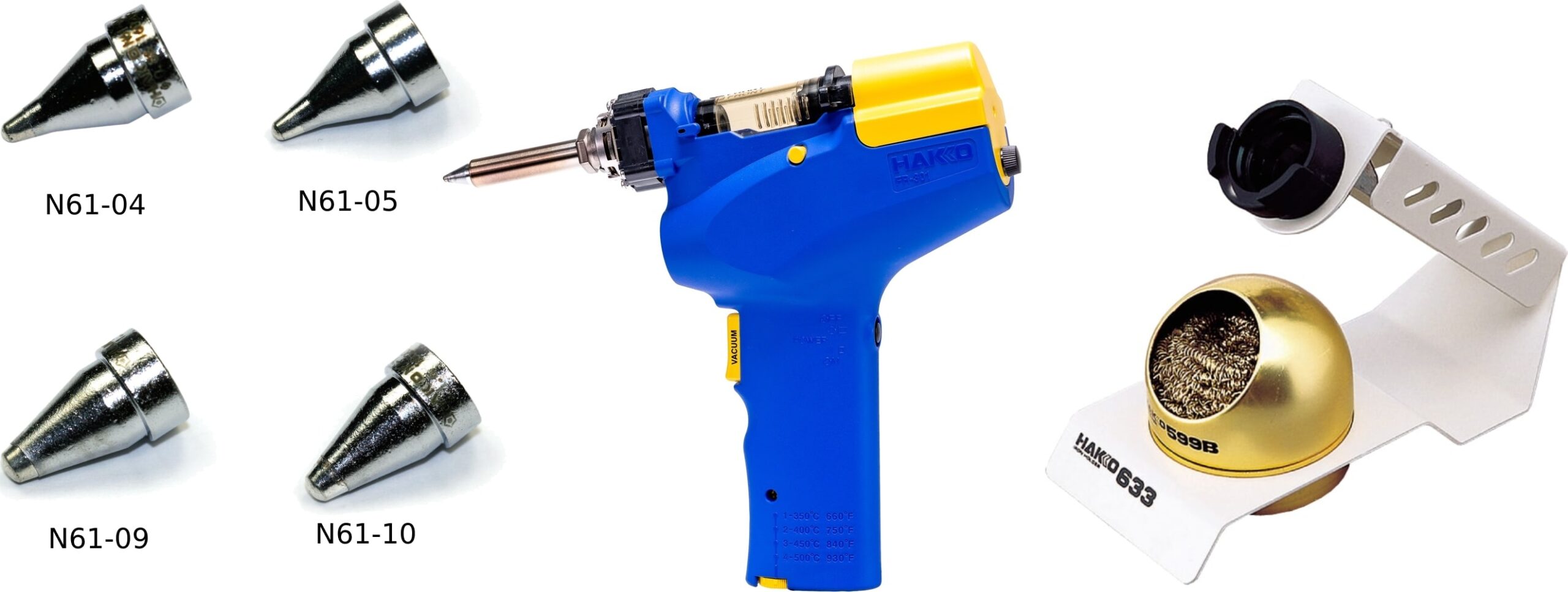 Hakko FR-301 - Portable Desoldering Tool with Four Extra Nozzles (N61-04, 05, 09 and 10) and 633-01 Stand