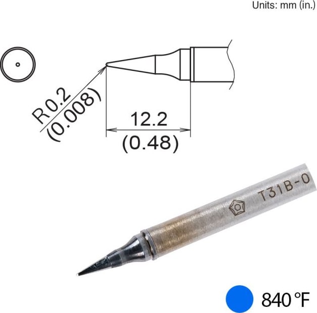 Hakko T31B-01IL - Conical Tip, R0.2mm x 12.2mm, 450°C/840°F