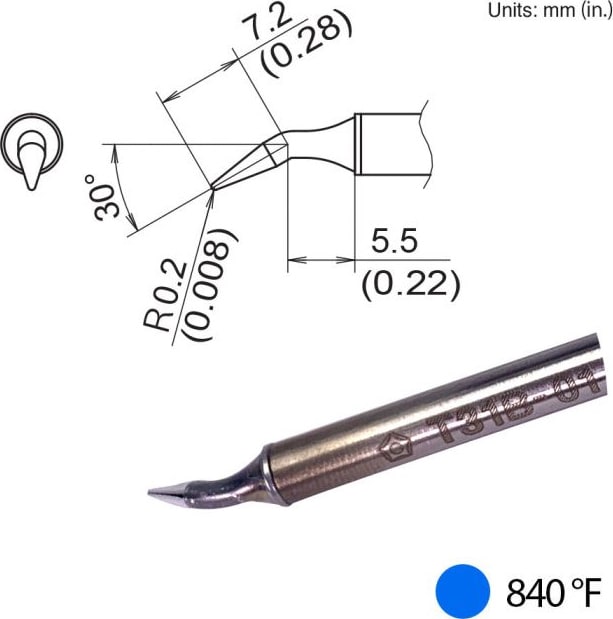 Hakko T31B-01JL02 - Bent Tip, R0.2mm/30° x 7.2mm x 5.5mm, 450°C/840°F