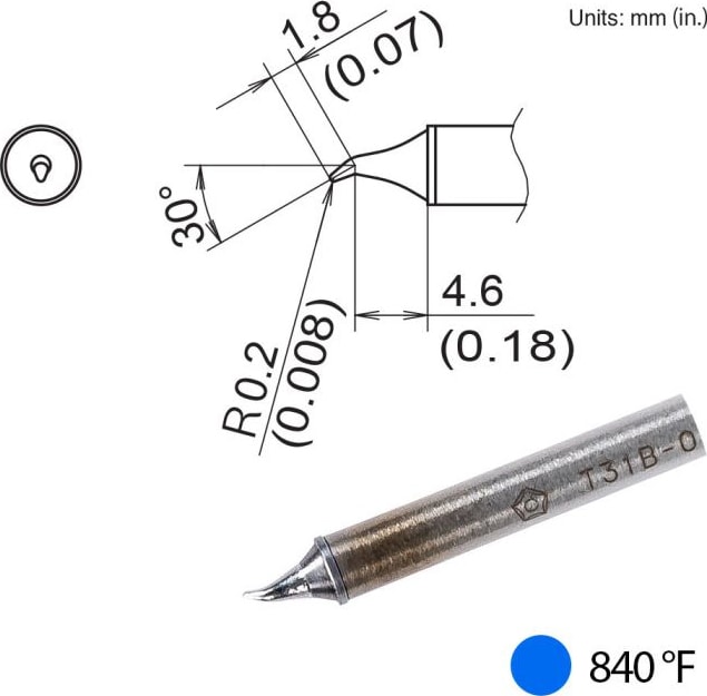 Hakko T31B-01JS02 - Bent Tip, R0.2mm/30° x 1.8mm x 4.6mm, 450°C/840°F