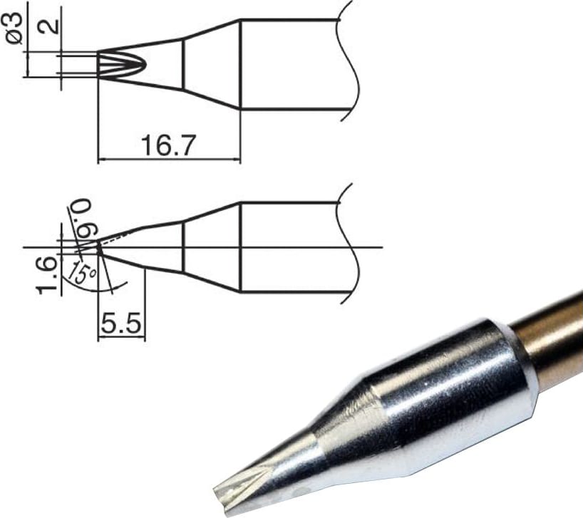 Hakko T33-1610 - T33 Standard Series Soldering Tip, 3.0mm/15° x 16.7mm, V-Groove (Bevel)