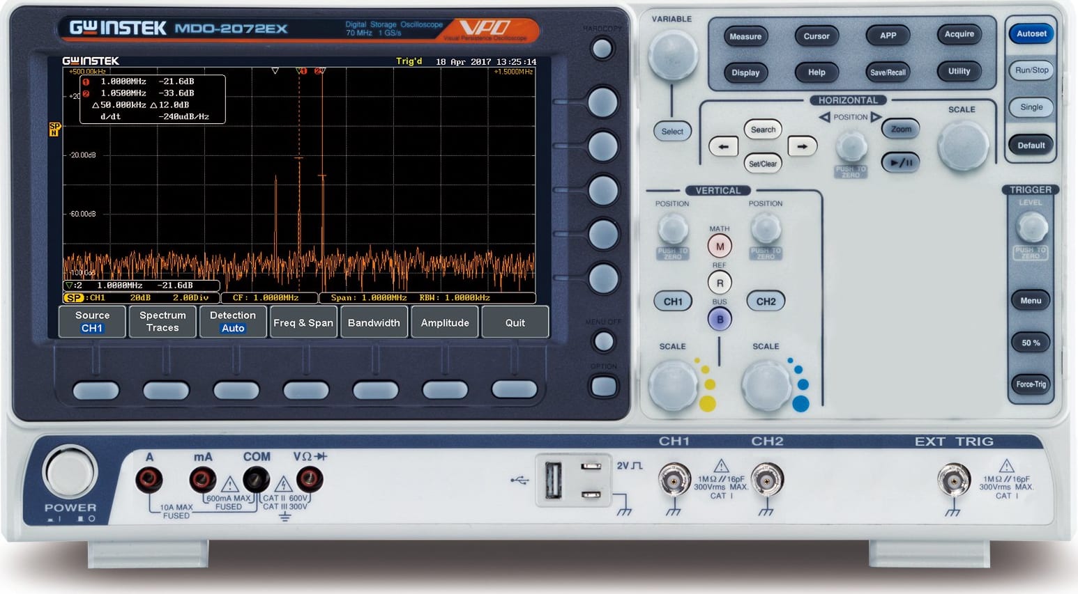 Instek MDO-2072EX - 2Ch/70MHz DSO with Spectrum Analyzer, 25 MHz AWG, DMM and Power Supply