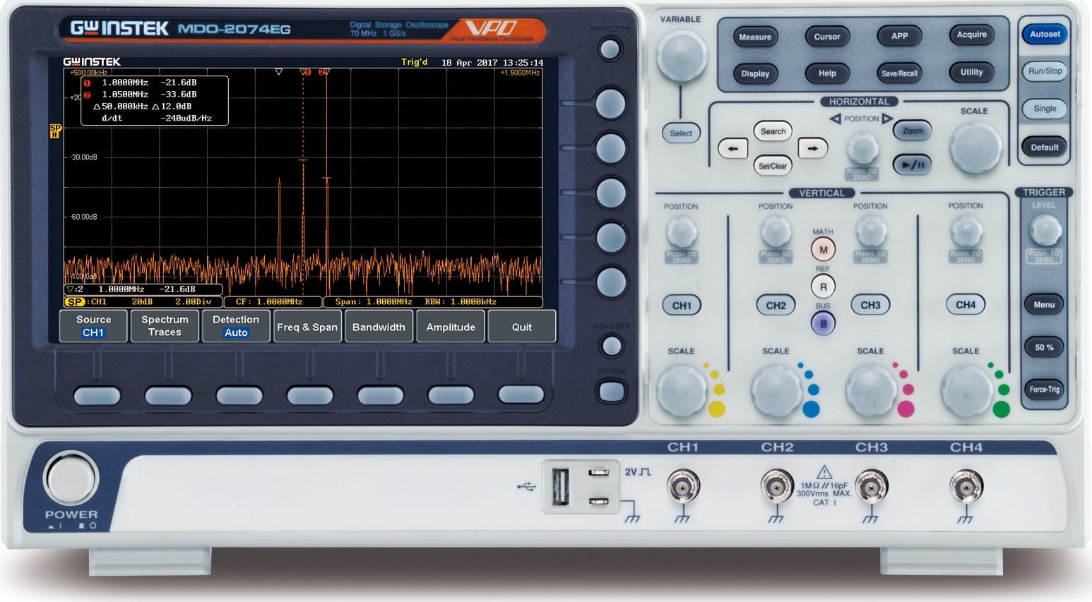 Instek MDO-2074EG - 4 Channel / 70 MHz DSO with Spectrum Analyzer and 25 MHz AWG