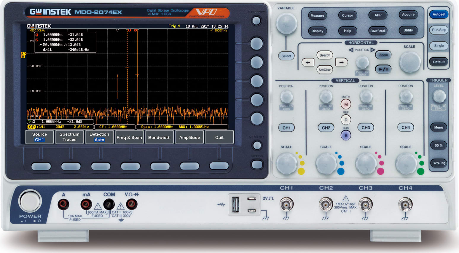 Instek MDO-2074EX - 4Ch/70MHz DSO with Spectrum Analyzer, 25 MHz AWG, DMM and Power Supply