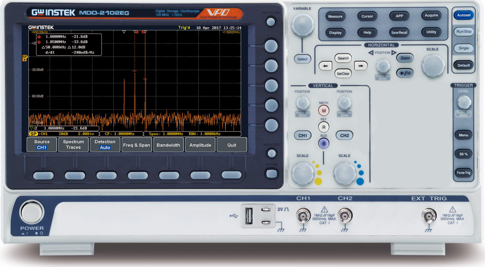 Instek MDO-2102EG - 2 Channel / 100 MHz DSO with Spectrum Analyzer and 25 MHz AWG