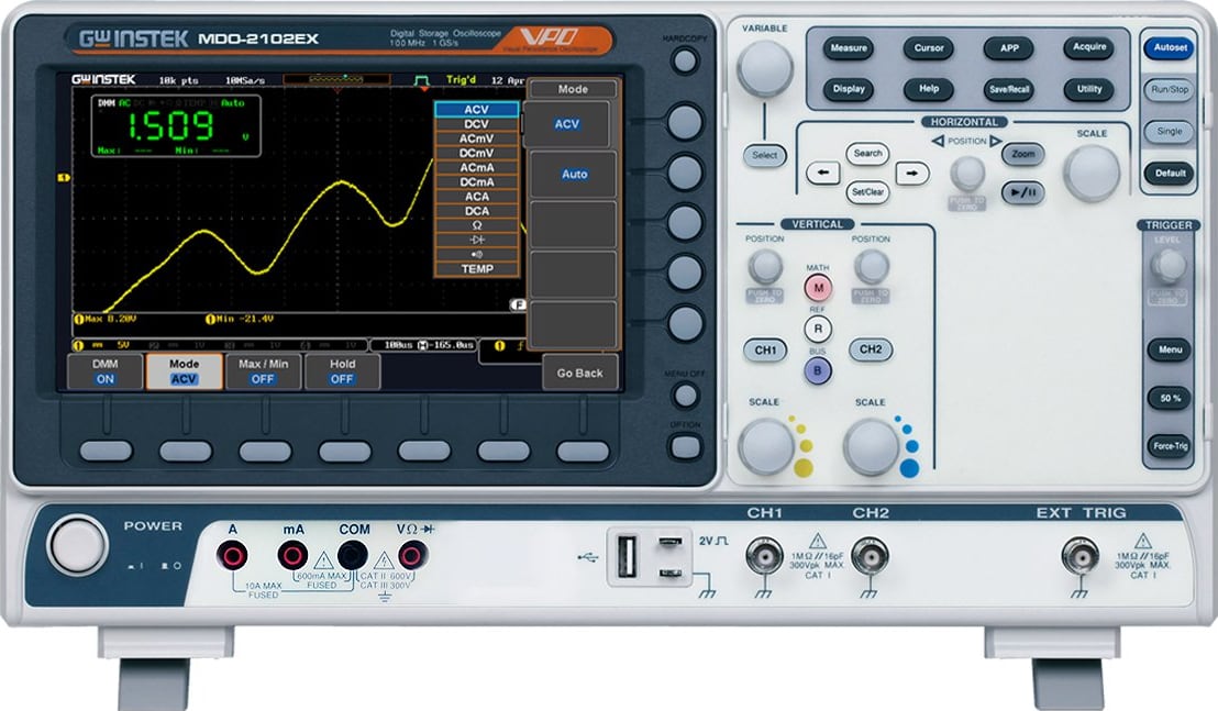 Instek MDO-2102EX - 2Ch/100MHz DSO with Spectrum Analyzer, 25 MHz AWG, DMM and Power Supply