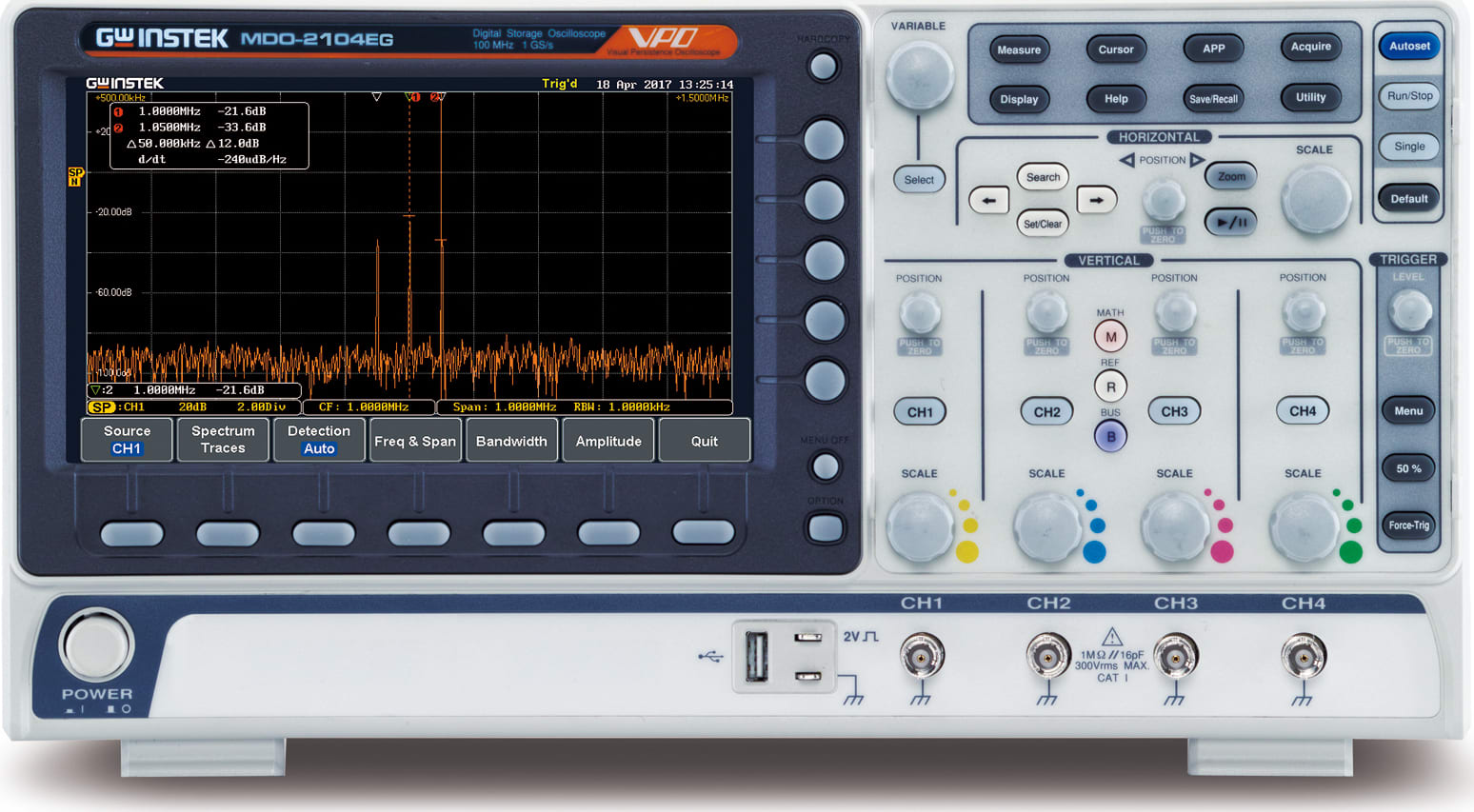 Instek MDO-2104EG - 4 Channel / 100 MHz DSO with Spectrum Analyzer and 25 MHz AWG