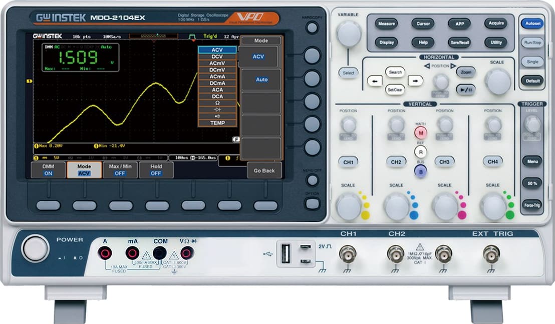 Instek MDO-2104EX - 4 Ch/100 MHz DSO with Spectrum Analyzer, 25 MHz AWG, DMM and Power Supply