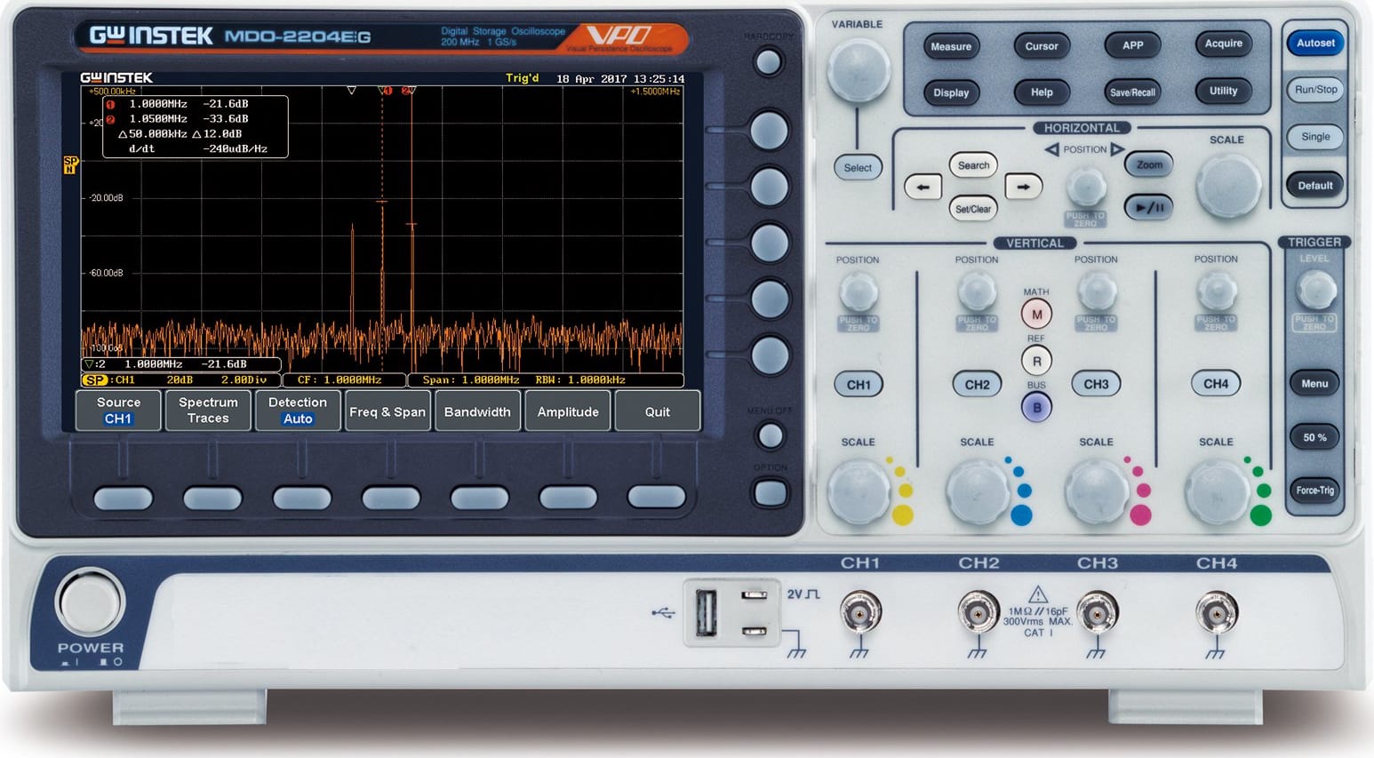 Instek MDO-2204EG - 4 Channel / 200 MHz DSO with Spectrum Analyzer and 25 MHz AWG