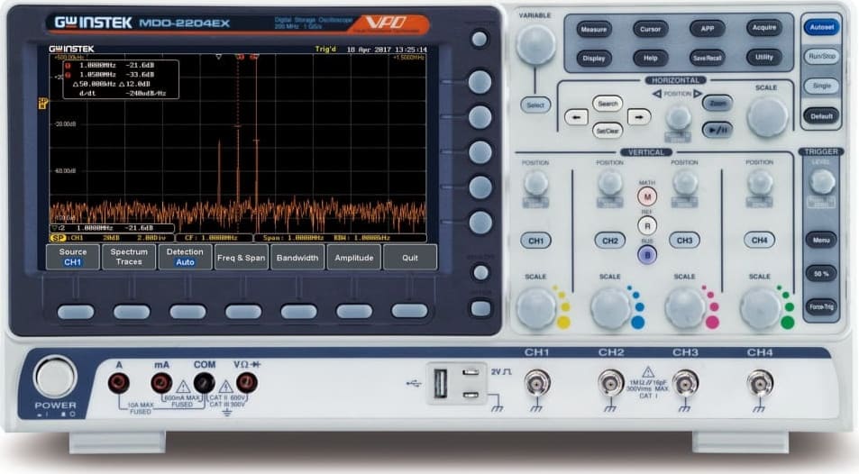 Instek MDO-2204EX - 4 Ch/200 MHz DSO with Spectrum Analyzer, 25 MHz AWG, DMM and Power Supply