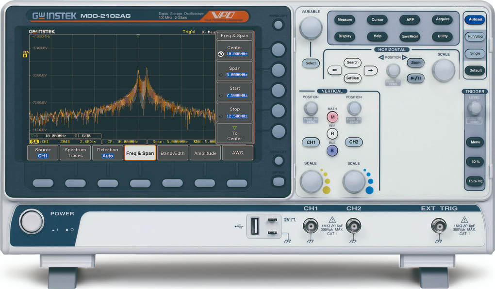 Instek MDO-2102AG - 100 MHz/2 Channels Oscilloscope with Spectrum Analyzer and Dual 25 MHz AWG