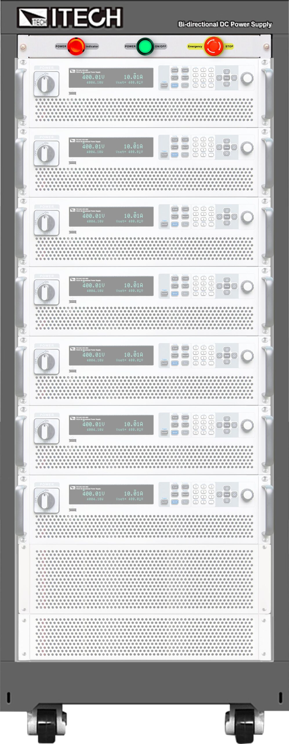 iTech IT-E108kWM-27U - 108kW Parallel Kit for 6 Master Units (Parallel cable, Busbar, Emergency Module, One AC Input, 27U Rack with Wheels)