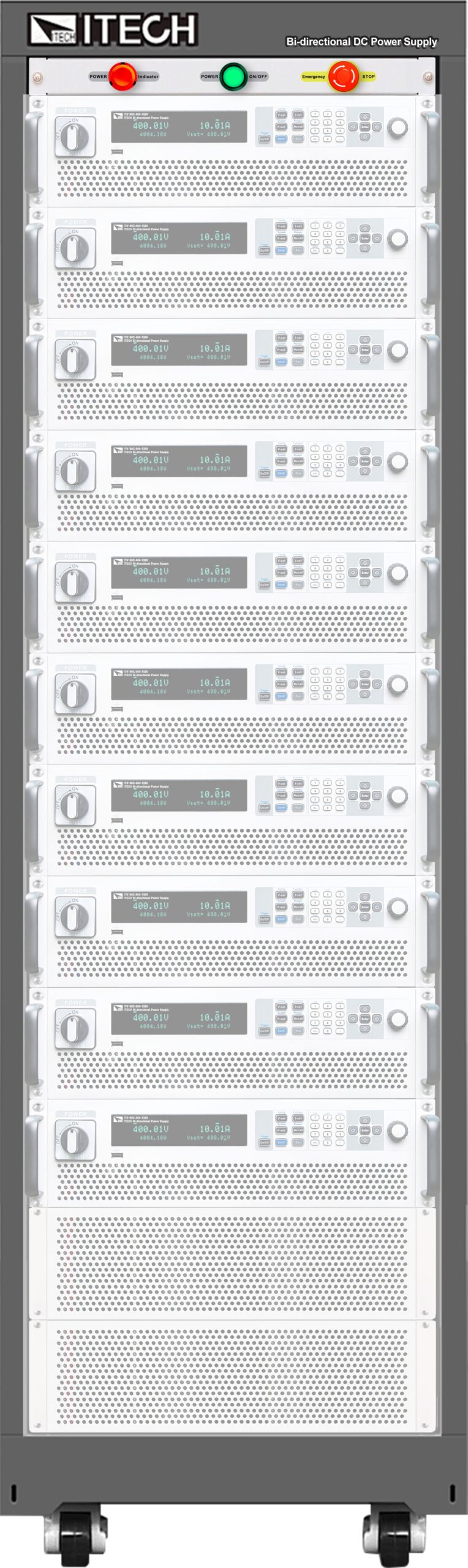 iTech IT-E144kWM-37U - 144kW Parallel Kit for 8 Master Units (Parallel Cable, Busbar, Emergency Module, One AC Input, 37U Rack with Wheels)