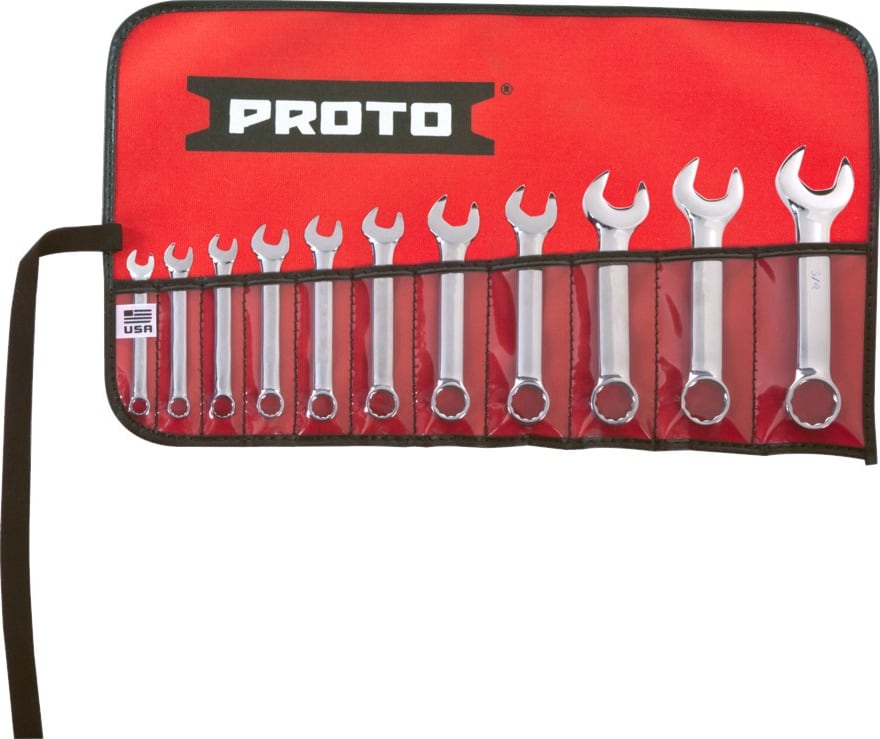 Proto J1200ES-11 - Short Combination Wrenches, Full Polish, 15deg Offset, Fractional, 12 Point, 11 Piece Set