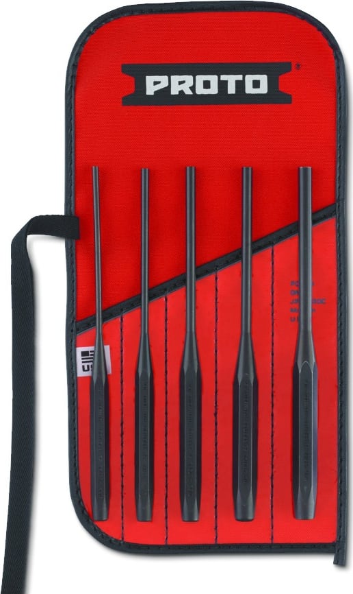 Proto J48005LS2 - Pin Punch Set, Long, Super Duty, S2 Steel, Black Oxide, 5-Pocket Tool Roll, 5 Pieces