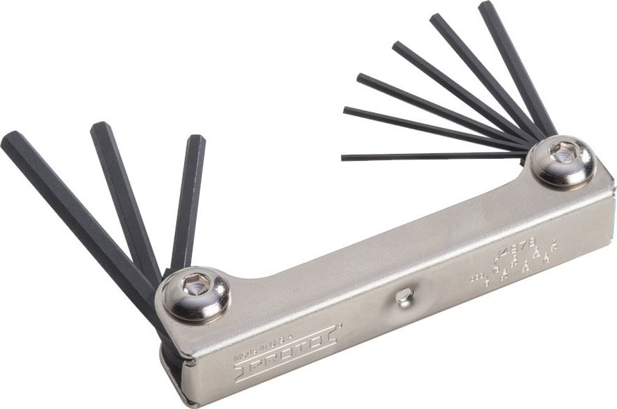 Proto J4978 - Folding Hex Key Set, Chrome Plated, Black Oxide, Fractional, Hex Tips, 3-5/8in OAL, 9 Pieces