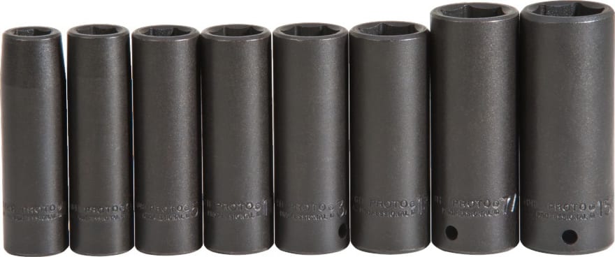 Proto J72159 - Socket Set, Deep Impact, 1/2in Drive, Black Oxide, Fractional Sizes, 8 Piece, 6 Point