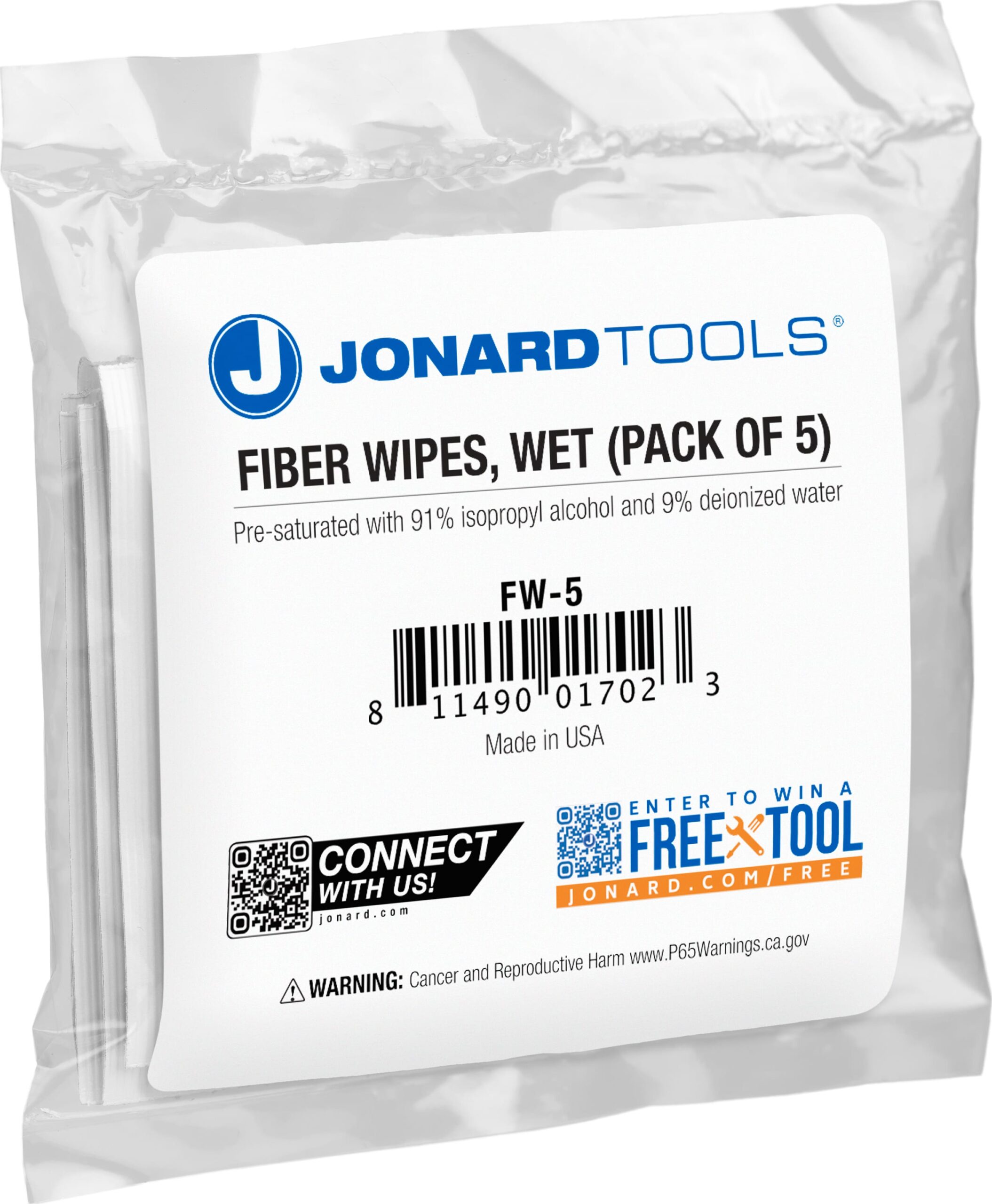 Jonard FW-5 - Fiber Wipes, Wet, Pack of 5