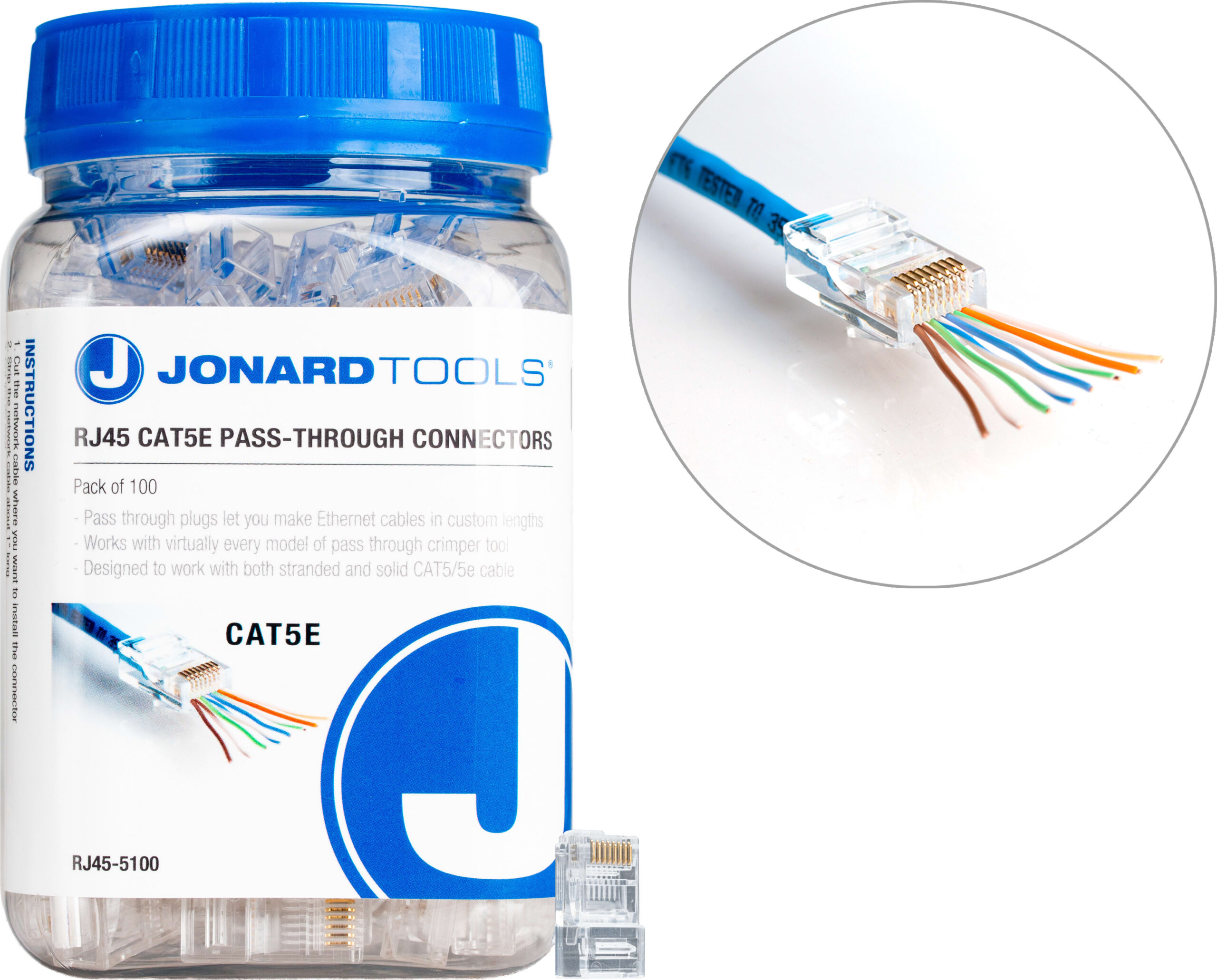 Jonard RJ45-5100 CAT5e RJ45 Pass-Through Connectors, 100/Pack