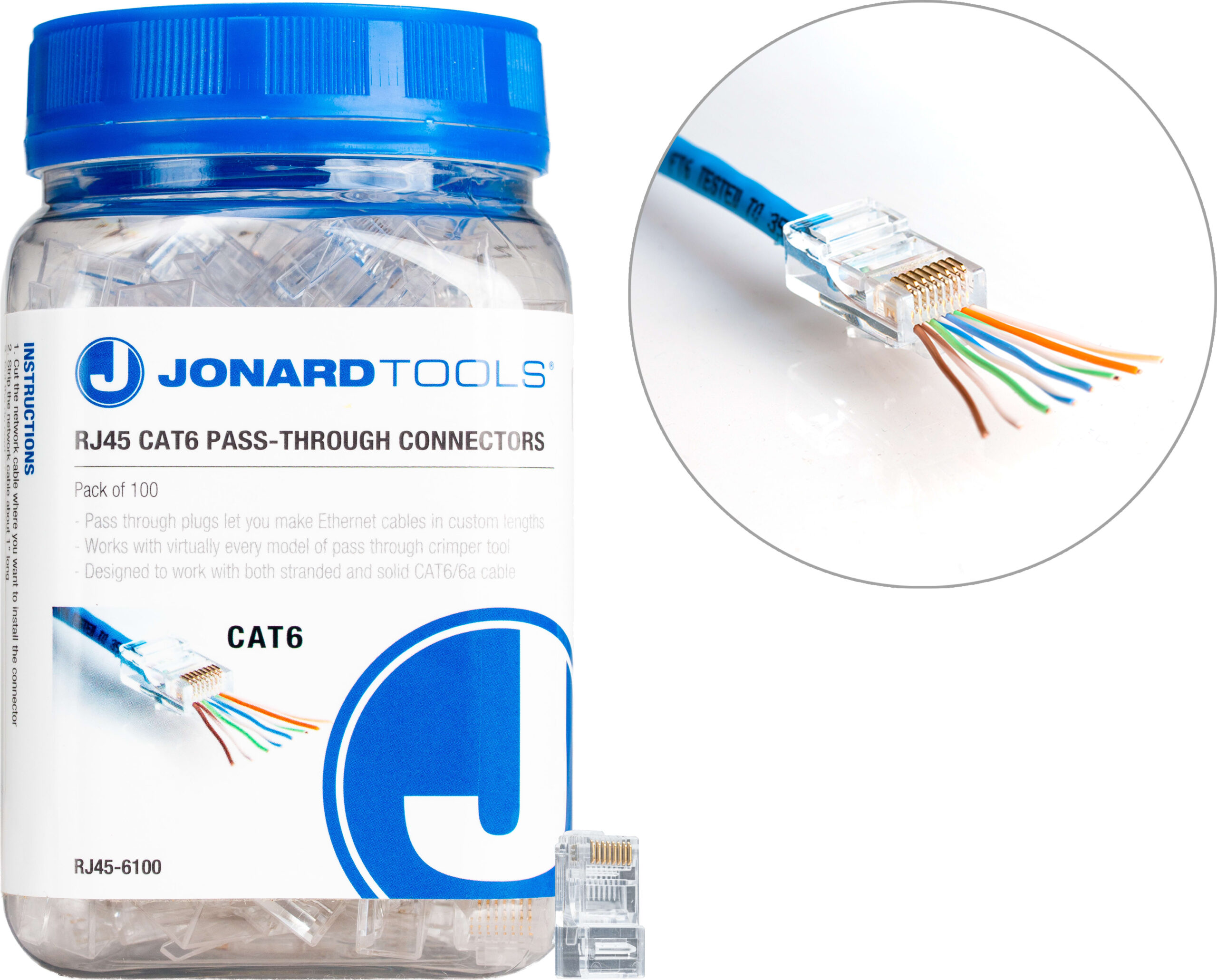Jonard RJ45-6100 CAT6 RJ45 Pass-Through Connectors, 100/Pack
