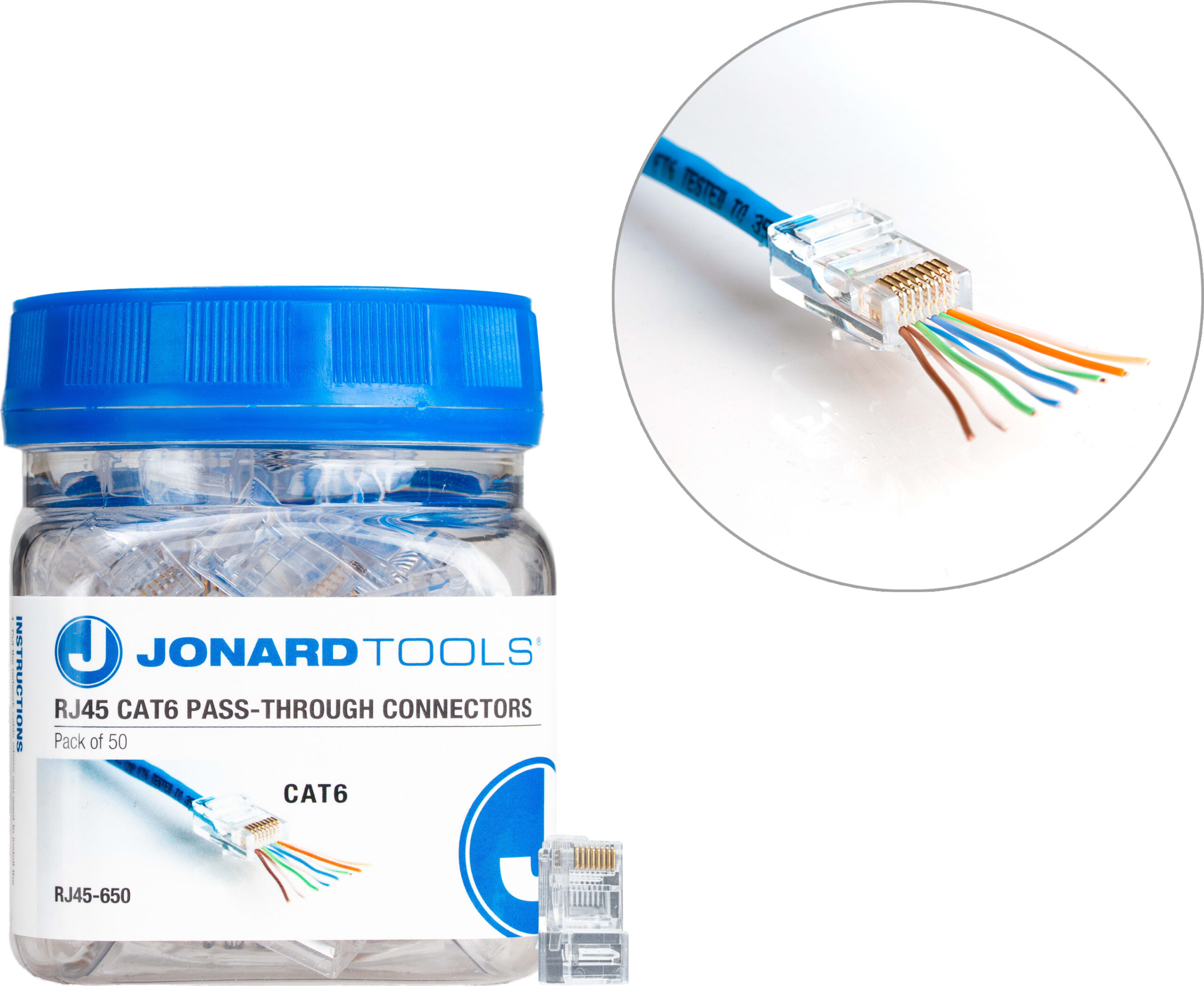 Jonard RJ45-650 CAT6 RJ45 Pass-Through Connectors, 50/Pack