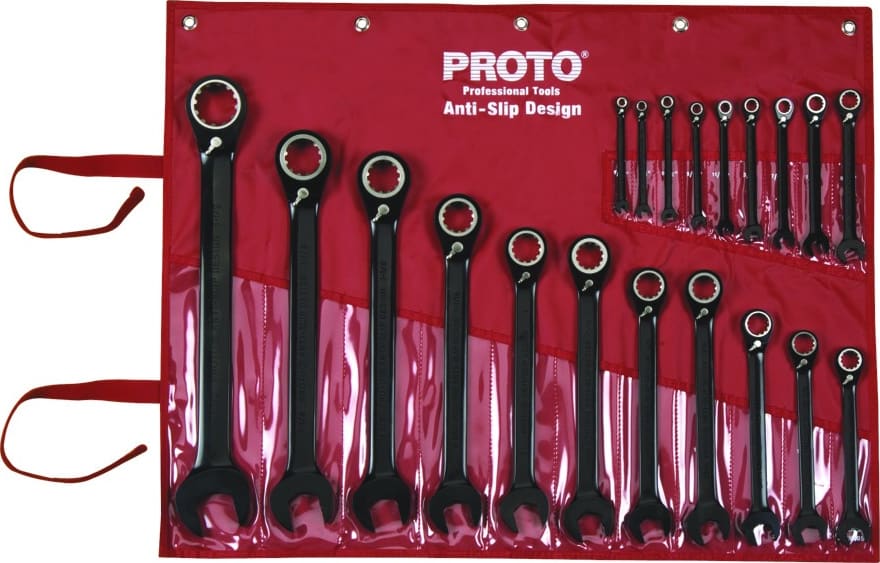 Proto JSCV-20S - Combination Wrench Set, Reversible Ratchet, Black Chrome, Fractional, Spline, 20 Pieces