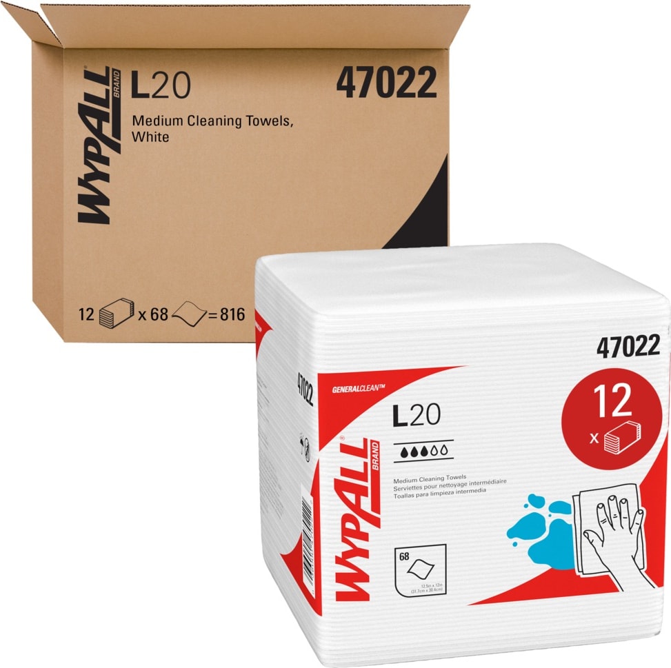 Kimberly-Clark KCC 47022 - WypAll General Clean L20 Medium Cleaning Cloths (12.5” x 12”, Quarterfold, White, 816 Sheets)