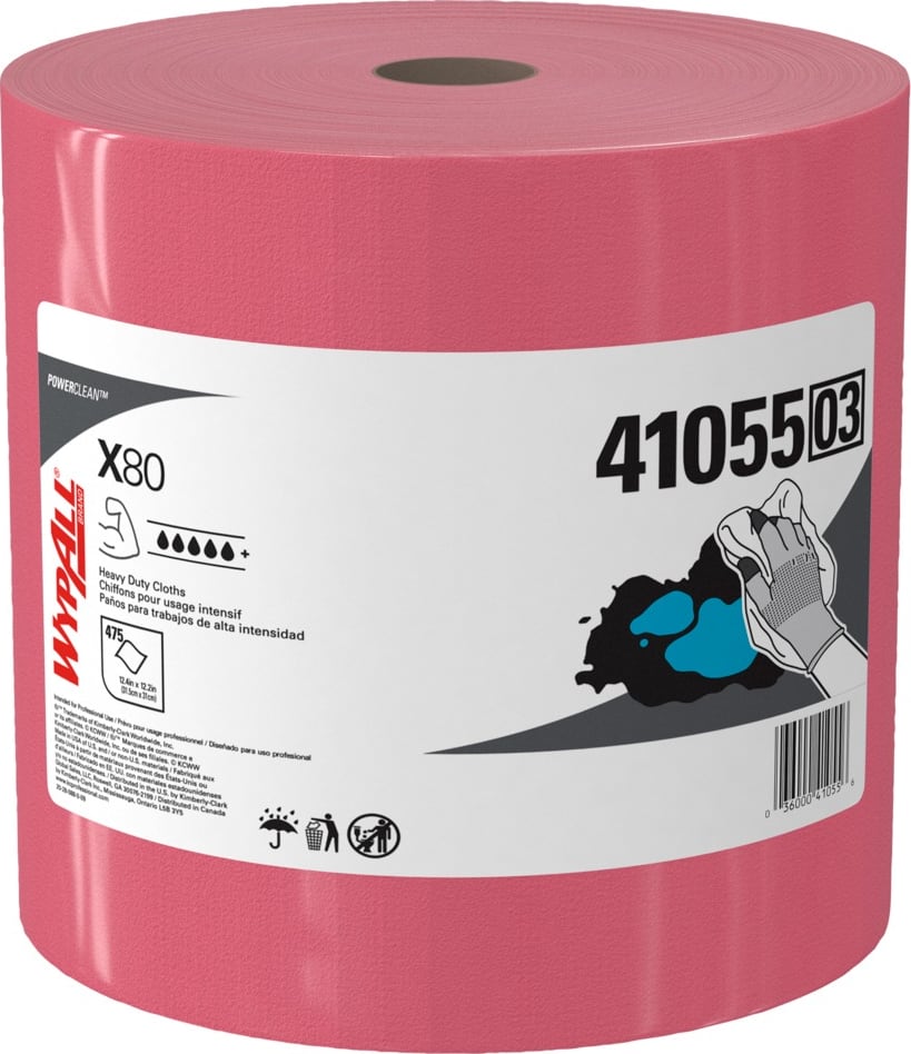 Kimberly-Clark KCC 41055 - WypAll Power Clean X80 Heavy Duty Cloths (Red, 12.5' x 12.2', 475 Cloths on a Roll)