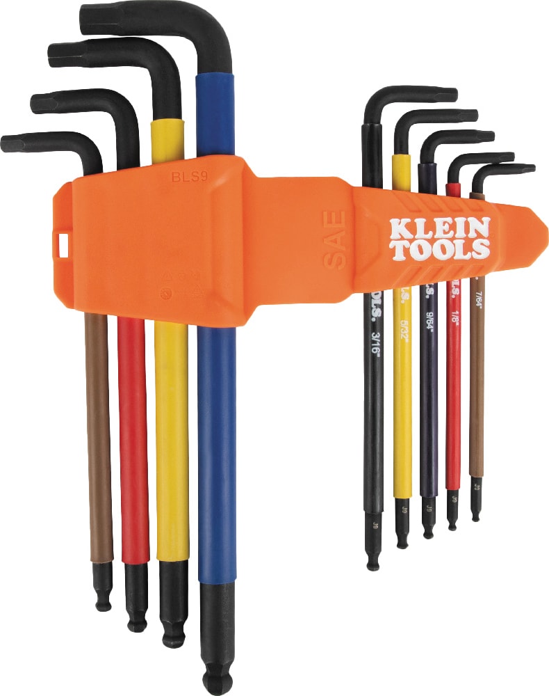 Klein Tools BLS9 - Color Coded Extra-Long L Style Hex Key Caddy Set, SAE, 9-Piece