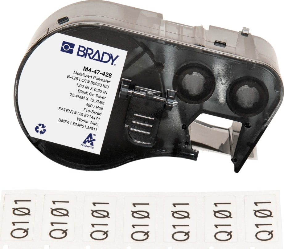 Brady M4-47-428 - Polyester Labels, Metallized, for BMP41 & M5 Printers, 0.5' H x 1' W, Black on Gray