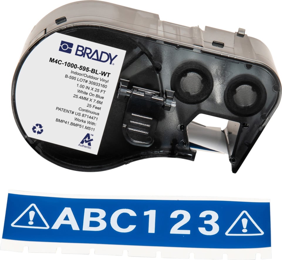 Brady M4C-1000-595-BL-WT - Label Tape with Ribbon, Permanent Adhesive, White on Blue, 1in x 25ft