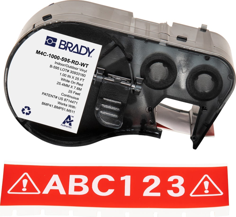 Brady M4C-1000-595-RD-WT - Label Tape with Ribbon, Permanent Adhesive, White on Red, 1in x 25ft