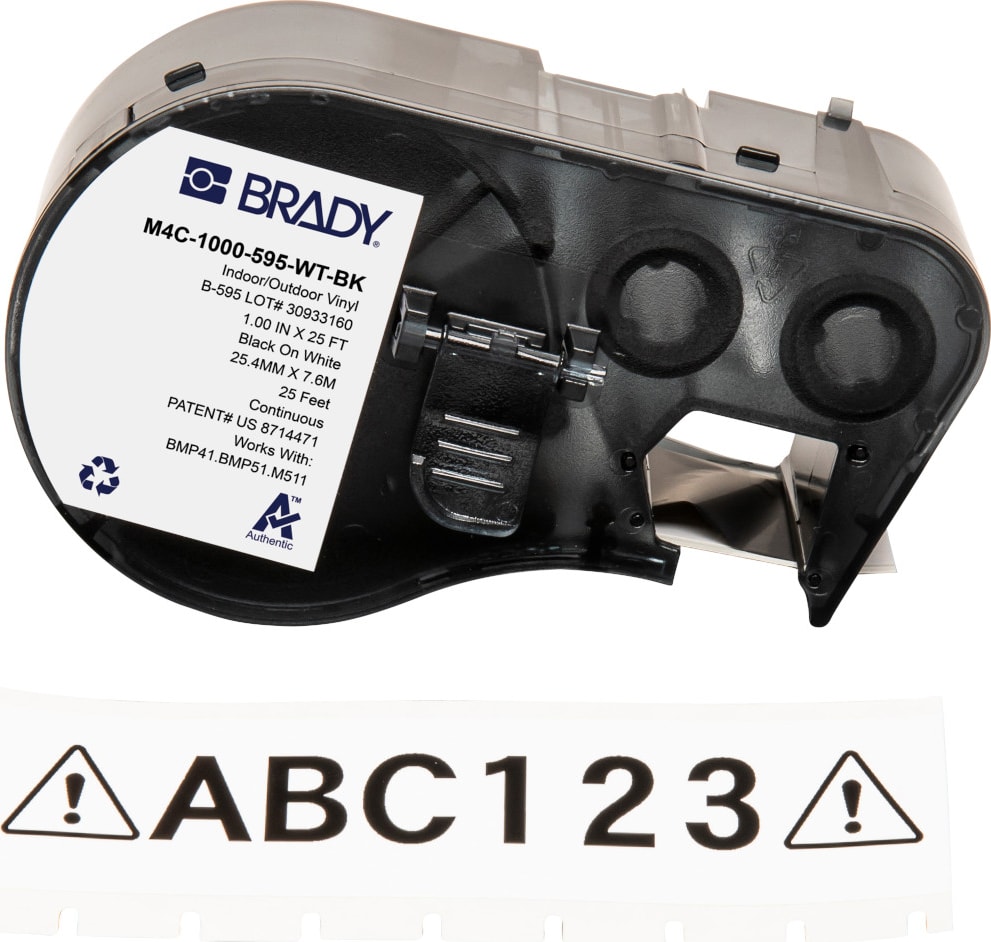 Brady M4C-1000-595-WT-BK - Label Tape with Ribbon, Permanent Adhesive, Black on White, 1in x 25ft