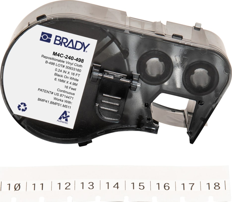Brady M4C-240-498 - Vinyl Cloth Labels, Repositionable, BMP41 & M5 Printers, .240', Black on White