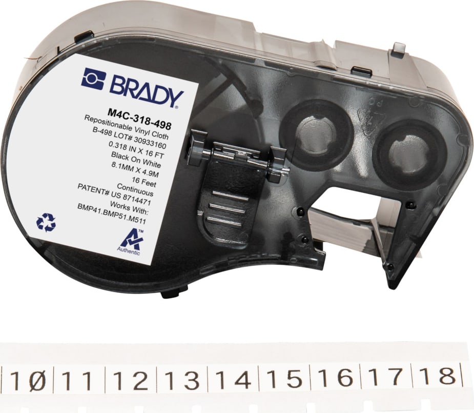 Brady M4C-318-498 - Vinyl Cloth Labels, Repositionable, BMP41 & M5 Printers, .318', Black on White