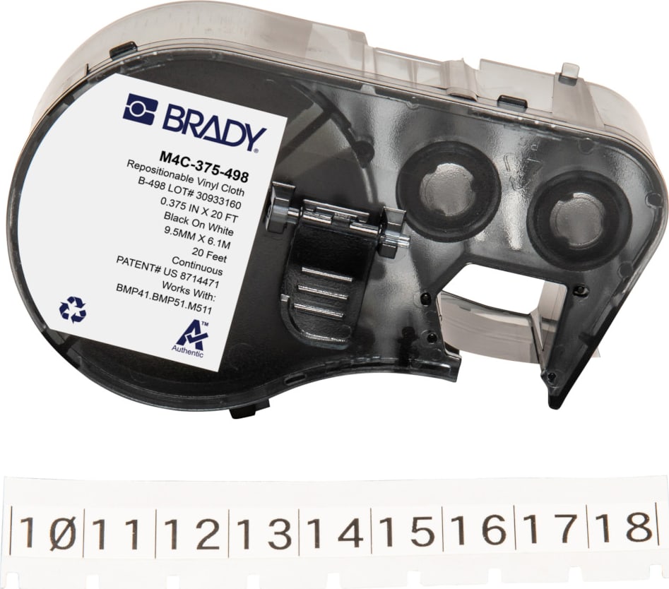 Brady M4C-375-498 - Vinyl Cloth Labels, Repositionable, BMP41 & M5 Printers, .375', Black on White