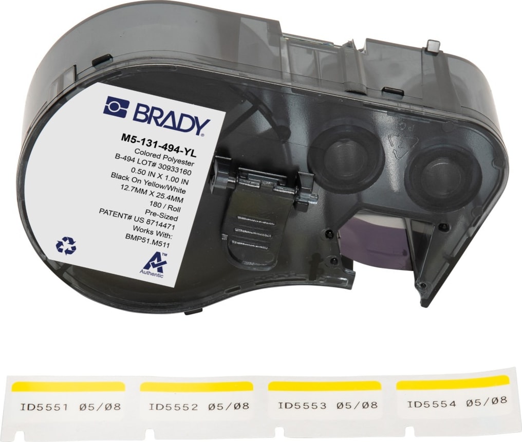 Brady M5-131-494-YL - Color Polyester Laboratory Labels w/Ribbon, 0.375' H x 1' W Printable Area, Black on Yellow, White, 180 Labels/Cartridge