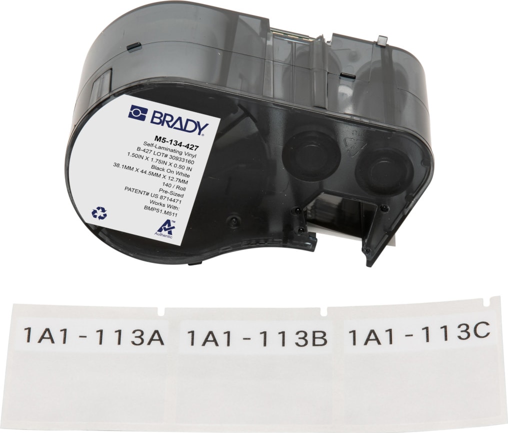 Brady M5-134-427 - Vinyl Labels, Wrap Around, for M5 Printers, 1.5' H x 1.75' W, Black on White