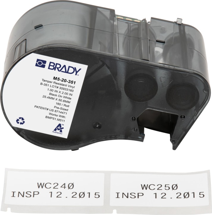 Brady M5-20-351 - Vinyl Labels, Destructible Tamper-Evident, M5 Printers, 2' H x 1' W, Black on White